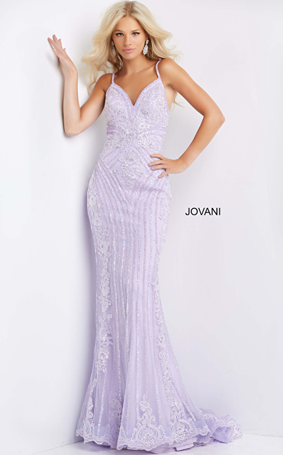 Jovani 05752 Lilac Spaghetti Strap V Neck Prom Dress